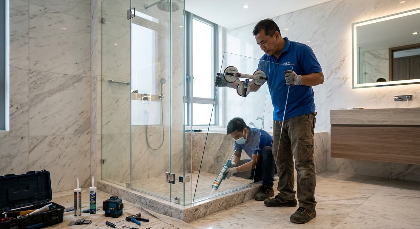 Professional glazier installing frameless glass shower screen in luxury bathroom