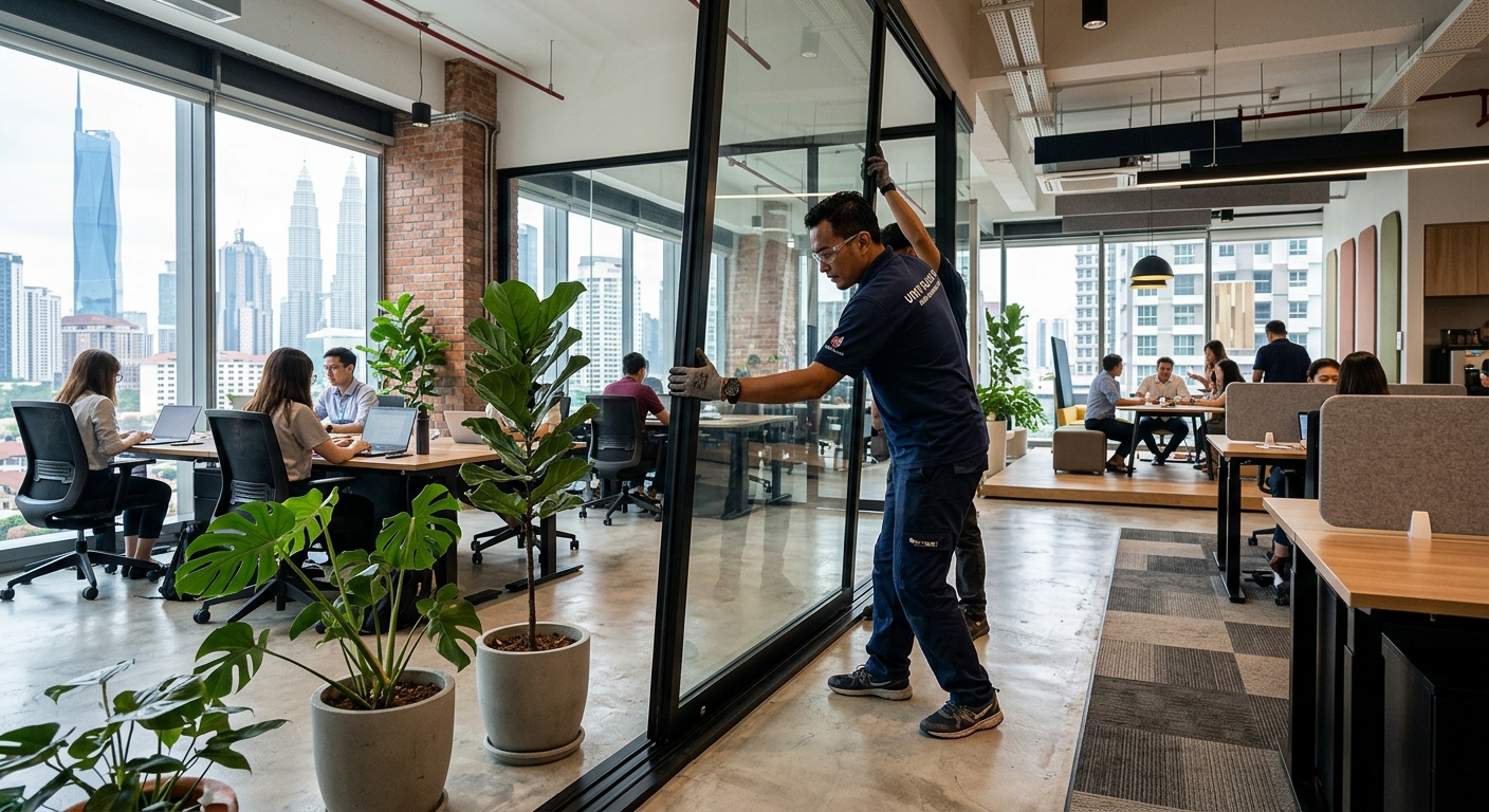 Worker fitting floor-to-ceiling glass partition in office space