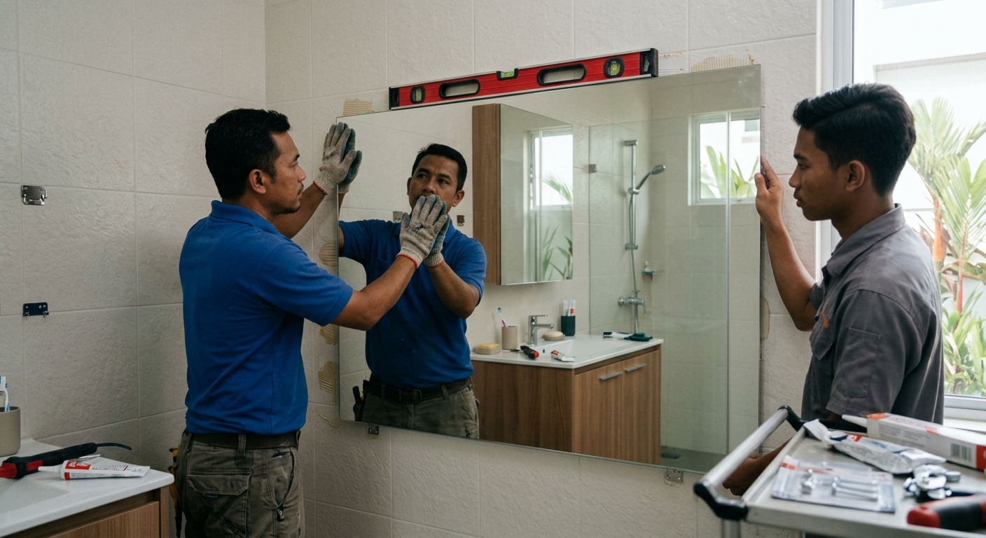 Installer mounting large bathroom mirror on wall