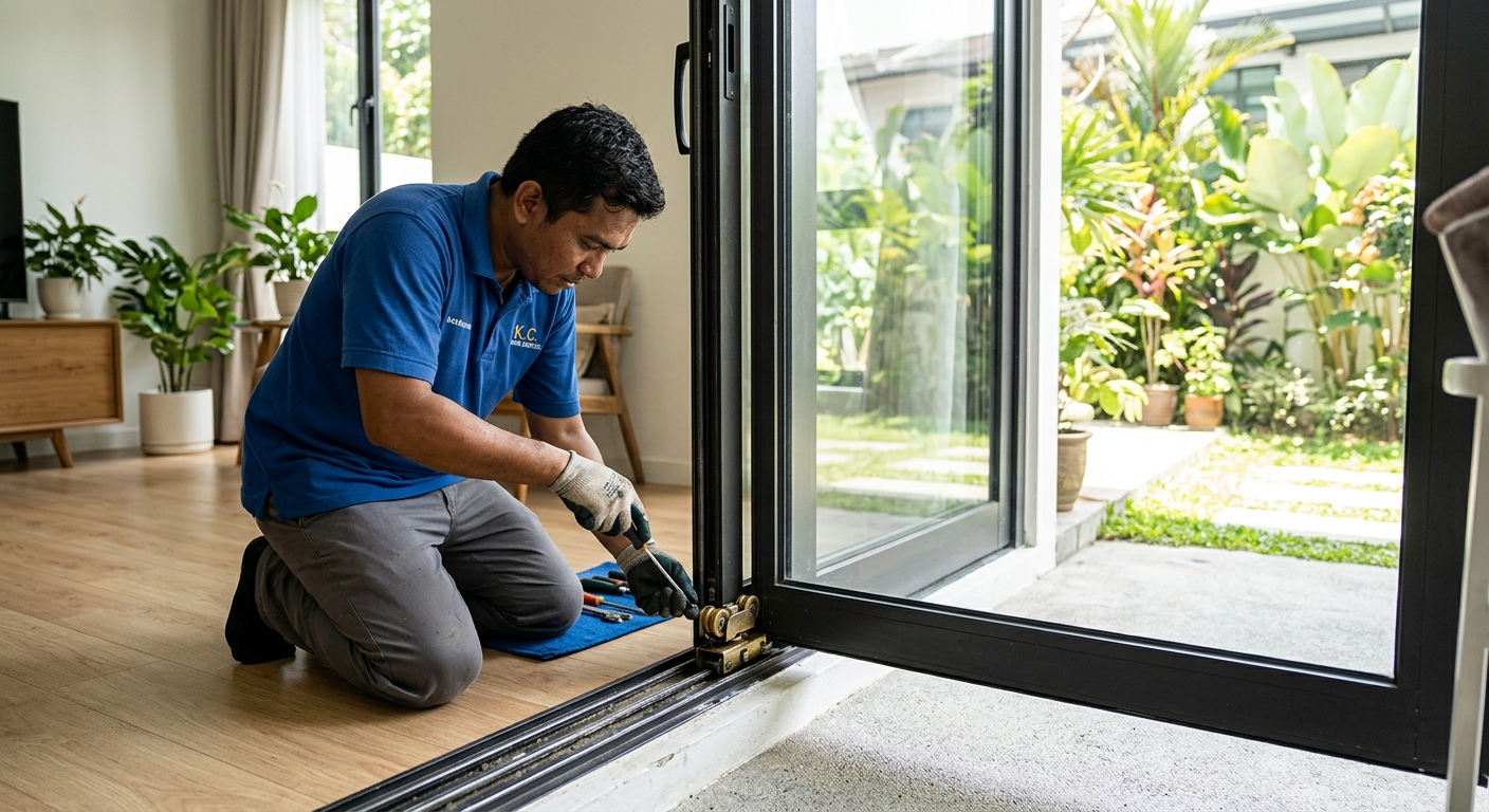 Installer adjusting sliding glass door roller mechanism